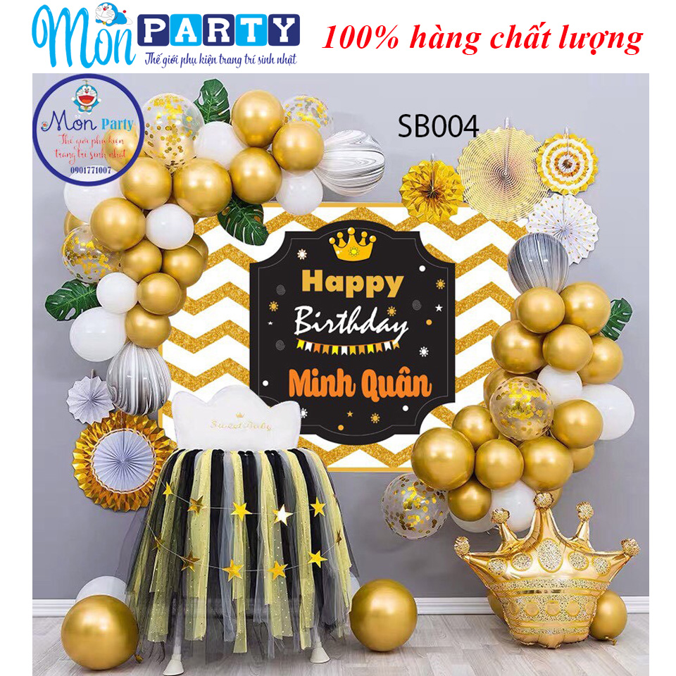 Bóng sinh nhật cho bé tone vàng gold sang chảnh, trang trí sinh nhật tại nhà cho bé kèm in tên tuổi lên phông bạt