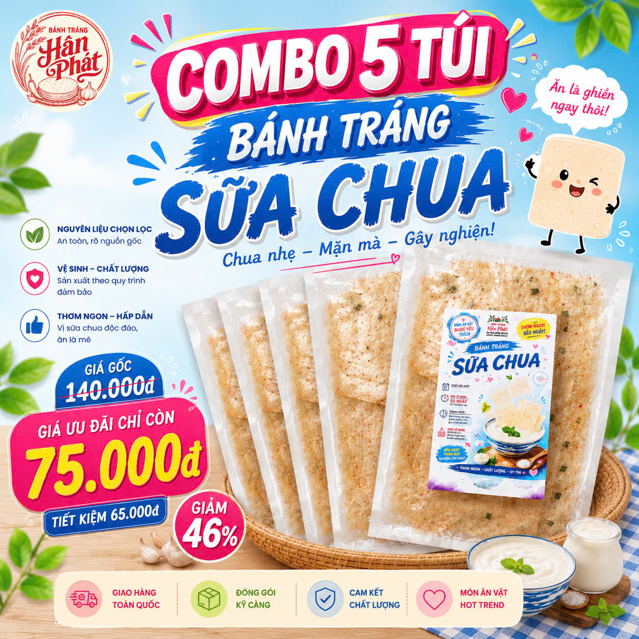 Combo 5 túi bánh tráng sữa chua Hanh Phat - Chua nhẹ - Mặn mị - Giàu dinh dưỡng
