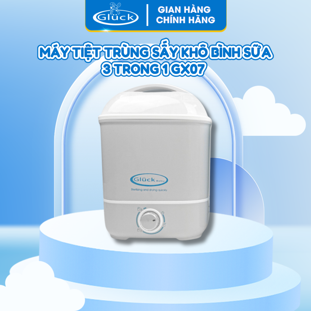 Máy tiệt trùng bình sữa sấy khô bình kèm hâm sữa tiện lợi, máy hâm sữa tiệt trùng 3 trong 1 bảo hành 12 tháng Gluck Baby
