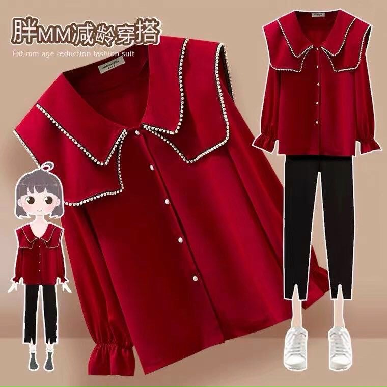 Áo Sơ Mi Nữ Lụa Quảng Châu Cổ Đan Kép Pha Ren Kép Hạt M006