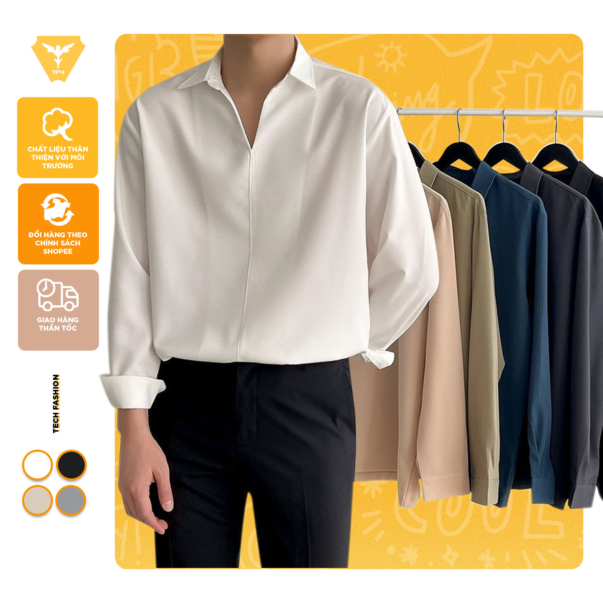 Áo sơ mi nam form rộng Hàn Quốc cổ V kiểu dáng Unisex trẻ trung - Áo sơ mi nam nữ vải lụa TF4.0