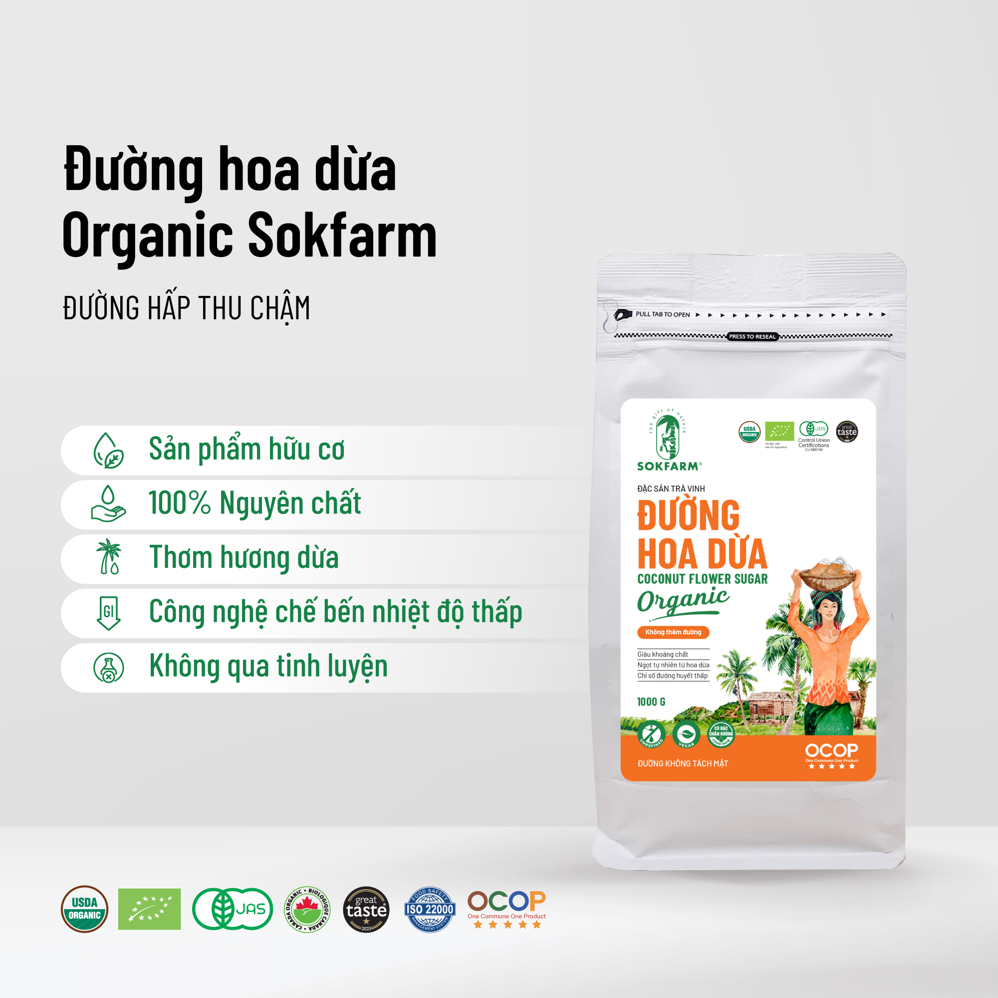 Đường hoa dừa Sokfarm 1kg, đường mật hoa dừa, đường không tách mật giàu dinh dưỡng và khoáng chất