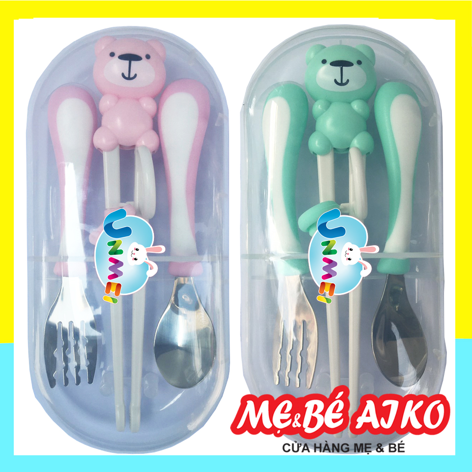 Bộ thìa nĩa đũa tập ăn cao cấp cho bé Unmei 🍖🌸 Set đũa muỗng ăn dặm hình gấu Unmei - Có kèm hộp đựng