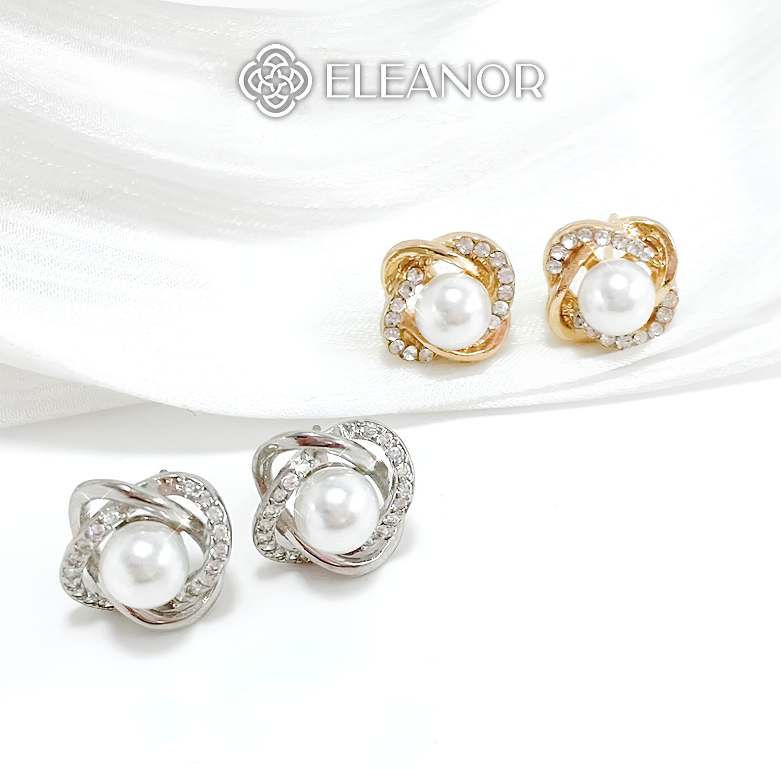  Bông tai nữ chuôi bạc 925 Eleanor Accessories khuyên tai đính đá viền xoắn ngọc trai nhân tạo phụ kiện trang sức 3277 