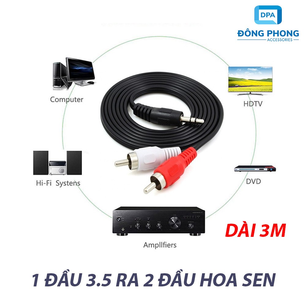 Dây loa 1 đầu 3.5 ra 2 đầu av hoa sen dài 3 mét