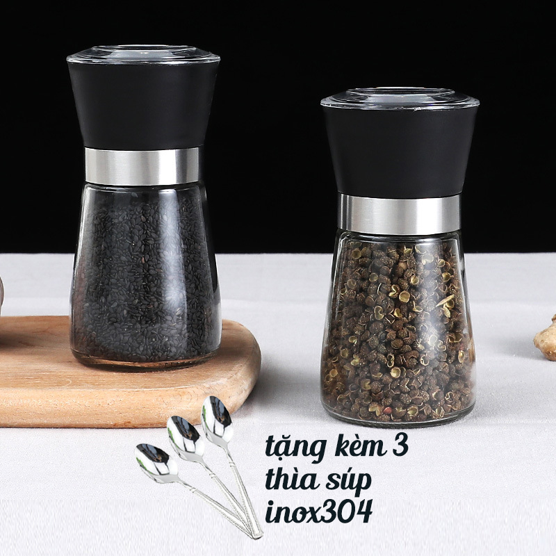 Dụng cụ xay tiêu thủy tinh đa năng cầm tay tặng kèm 3 thìa inox, máy xay tiêu mini, đồ say tiêu, hũ xay tiêu, bình đựng hạt tiêu - Dụng Cụ Đựng và Xay Tiêu Cầm Tay Đa Năng 6.5x13cm