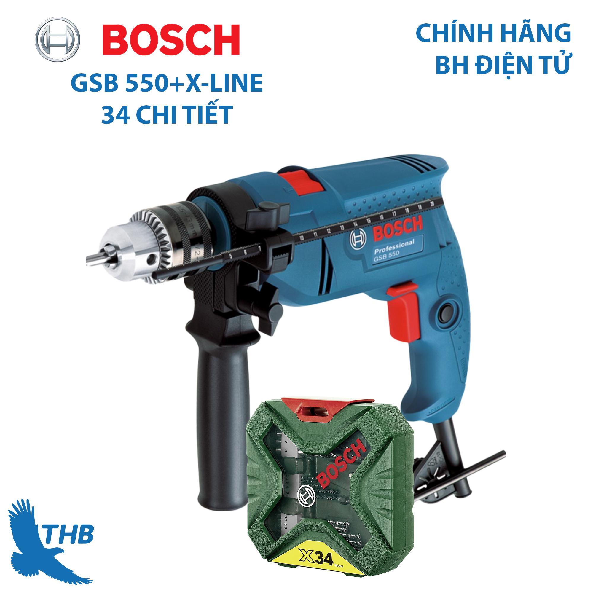 Máy khoan động lực Máy khoan gia đình Bosch GSB 550 tặng bộ X-Line 34 chi tiết Công suất 550W bảo hành điện tử 12 tháng