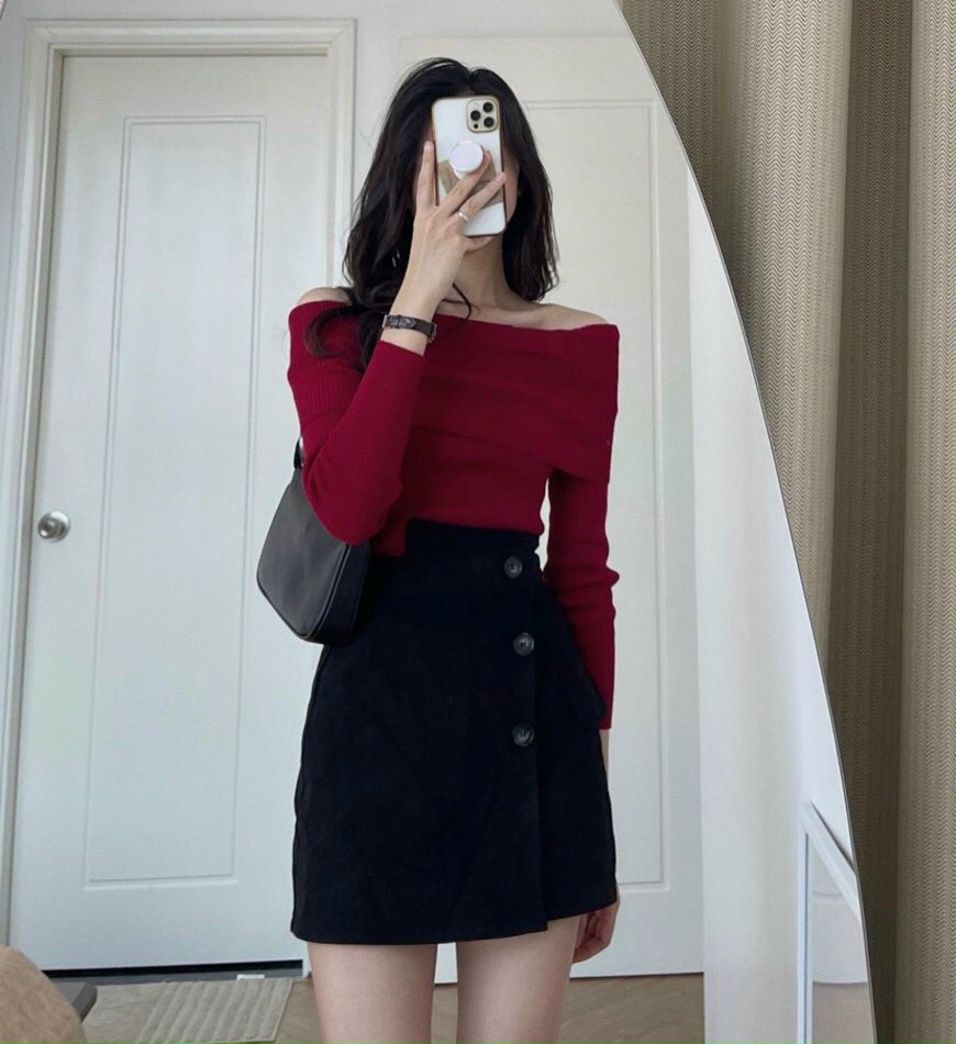 Áo len tăm trễ vai kèm chân váy, set váy nữ thời trang thu đông Set đầm nữ thu đông siêu sang siêu xịn