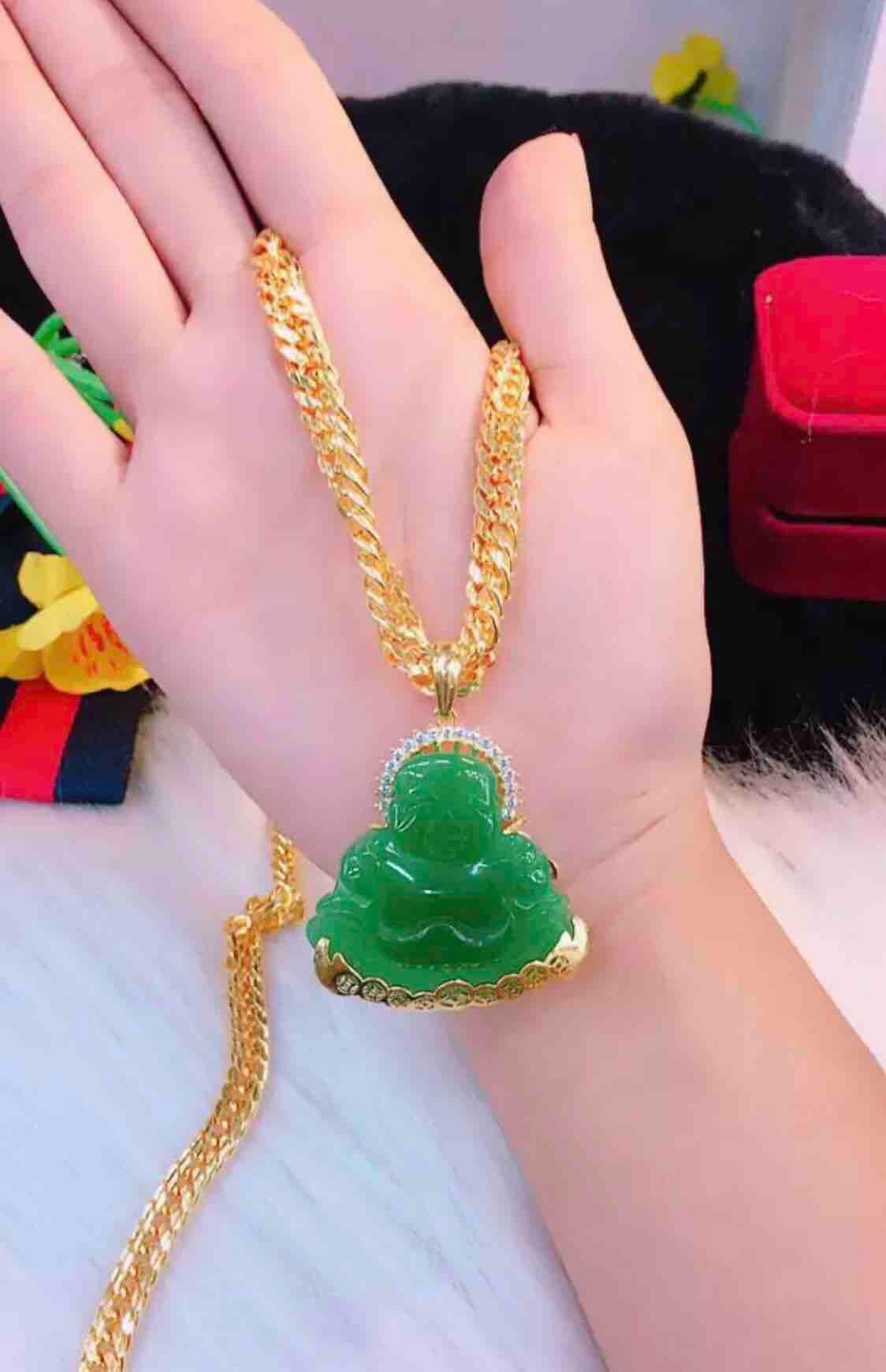 Dây chuyền nam cao cấp mặt phật xanh mạ vàng 24k
