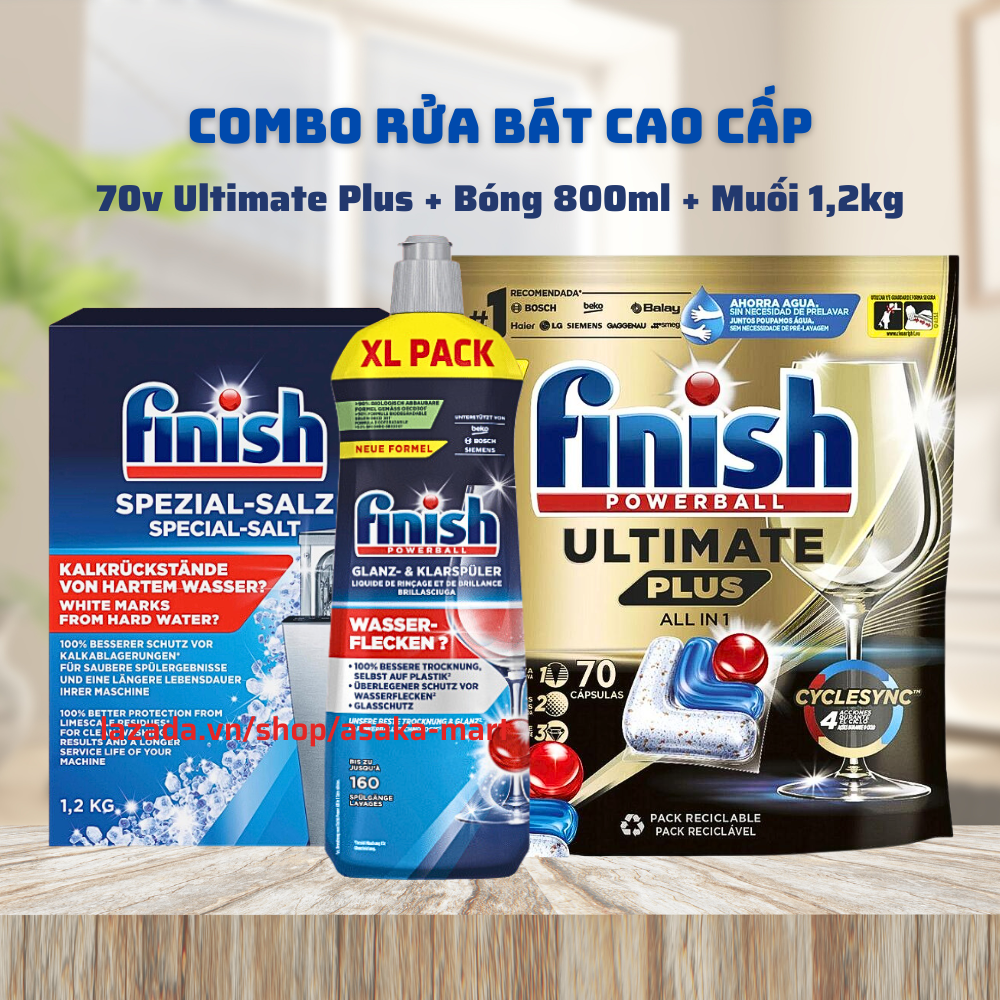 Combo viên rửa bát finish quantum ultimate 70 viên plus + muối finish 1,2kg + nước làm bóng finish 400ml