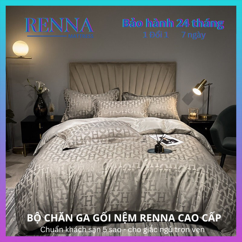 [Tặng túi thơm] Bộ Chăn Ga Gối Nệm 5 Món Lụa vân chìm mẫu mới phối màu đặc biệt NHIỀU MẪU RENNA MATTRESS Chính Hãng Set Chăn Ga Ra Drap Grap Gối Nệm Đệm Trải Phủ Giường Mát Lạnh Combo 5 Món