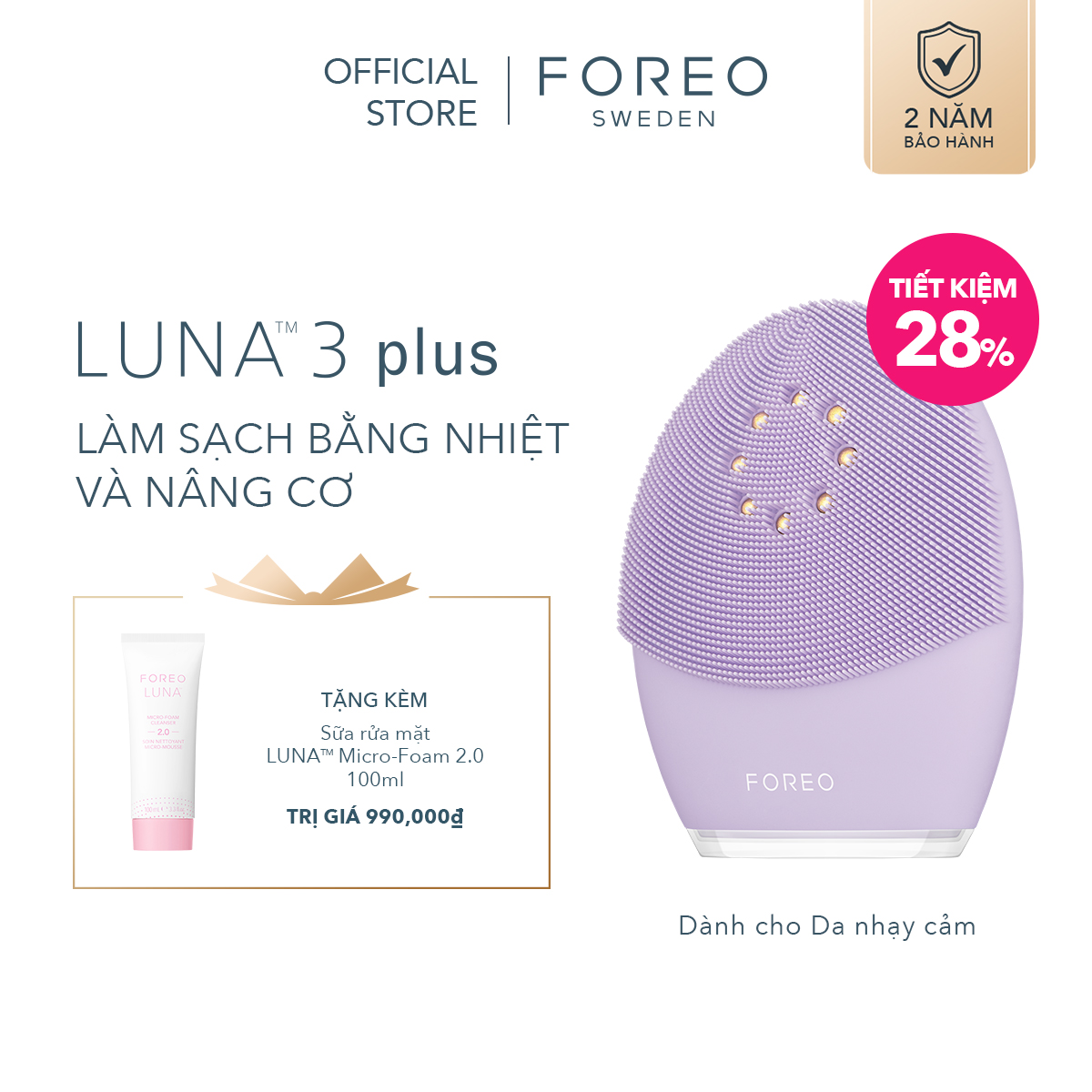 Máy rửa mặt FOREO LUNA 3 plus bằng nhiệt nâng cơ dành cho da nhạy cảm có thể sạc theo dõi qua ứng dụng bảo hành 2 năm - INTL