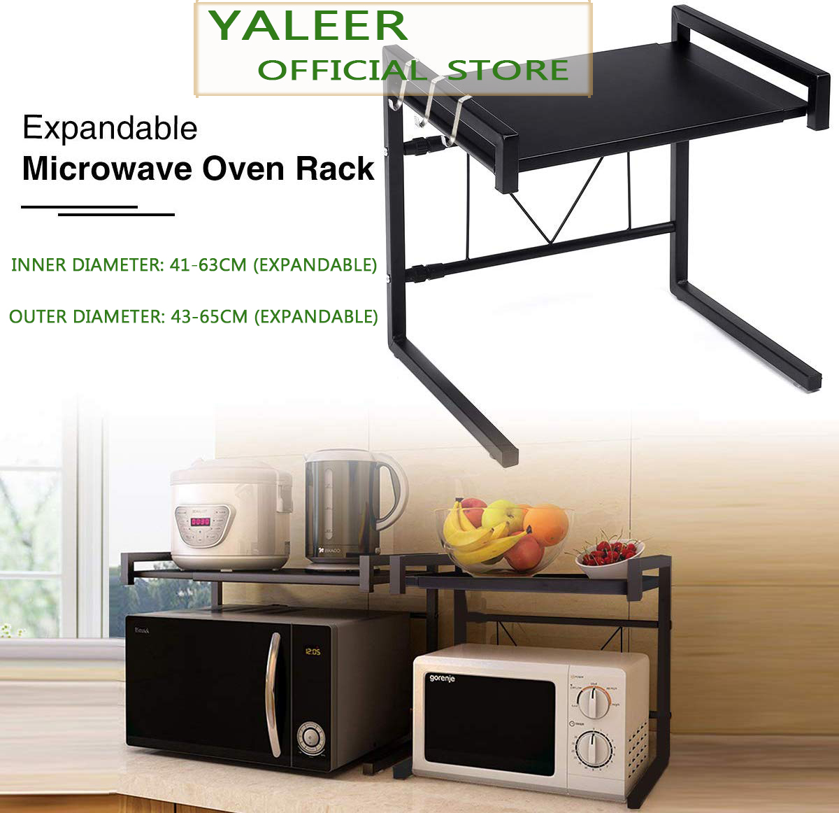 YALEER Giá Lò Vi Sóng Nhà Bếp Kệ Lò Vi Sóng 2 Tầng Bằng Thép Carbon Màu Đen Có Thể Mở Rộng Kệ Để Bàn Nhà Bếp Với 3 Móc, Có Thể Điều Chỉnh Từ 43 ~ 65Cm (16.9-26.9 Inch)