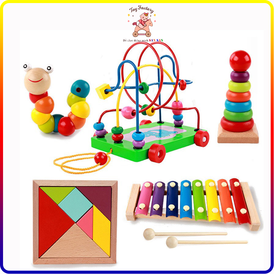 Combo đồ chơi gỗ 5 món đàn, sâu, tháp, luồn lớn, tangram