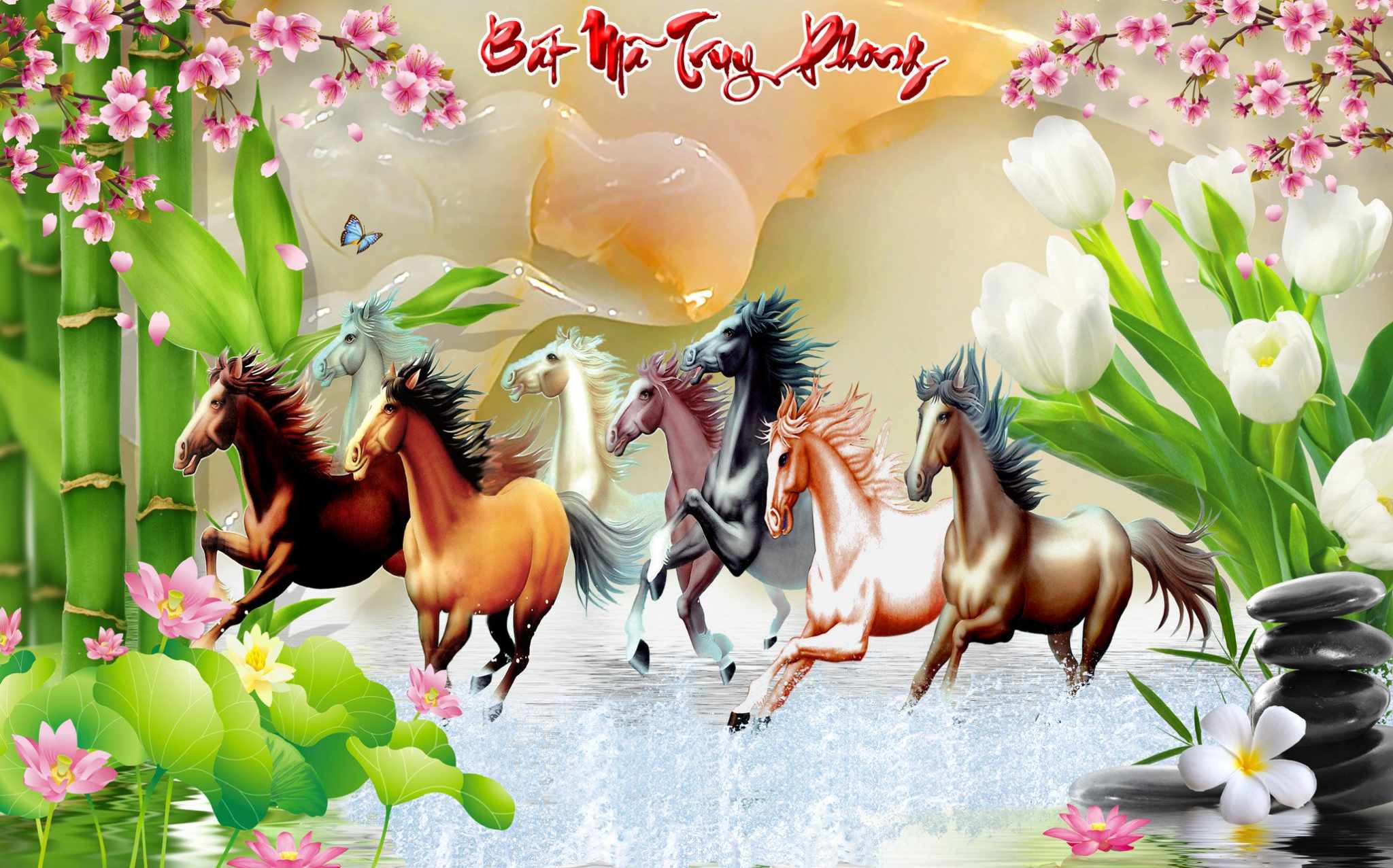 Rèm cuốn in tranh bát mã- mã đáo thành công- phong thủy- cản sáng 100%