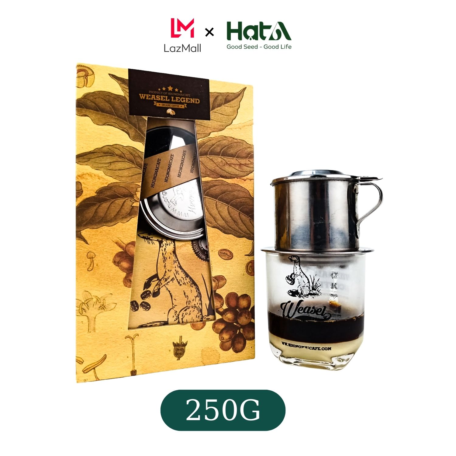 Cà Phê Chồn Arabica Nguyên Chất 100% Hương Mai Cafe Weasel Legend Coffee Gift Box (Oganic) - Thích Hợp Làm Quà Biếu Tặng Gồm 01 Gói Cà Phê Dạng Bột  250g + 01 Phin Inox Cao Cấp