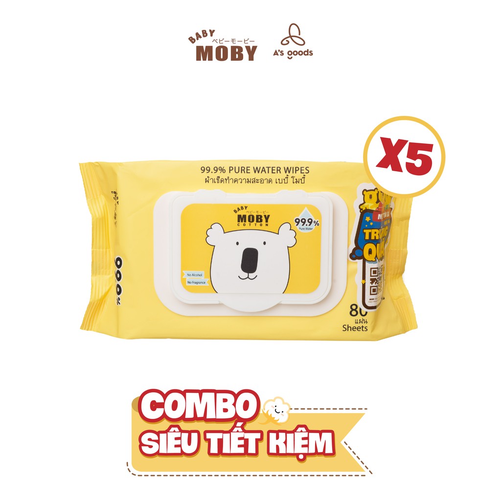 5 gói khăn ướt tinh khiết 99.9% baby moby 80 tờ