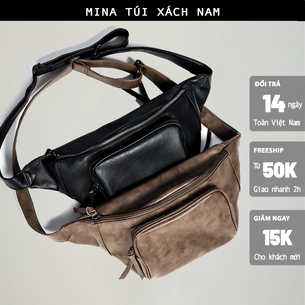 Túi bao tử nam hai ngăn da bò túi đeo ngực Hàn Quốc trơn đơn giản da xịn chắc chắn