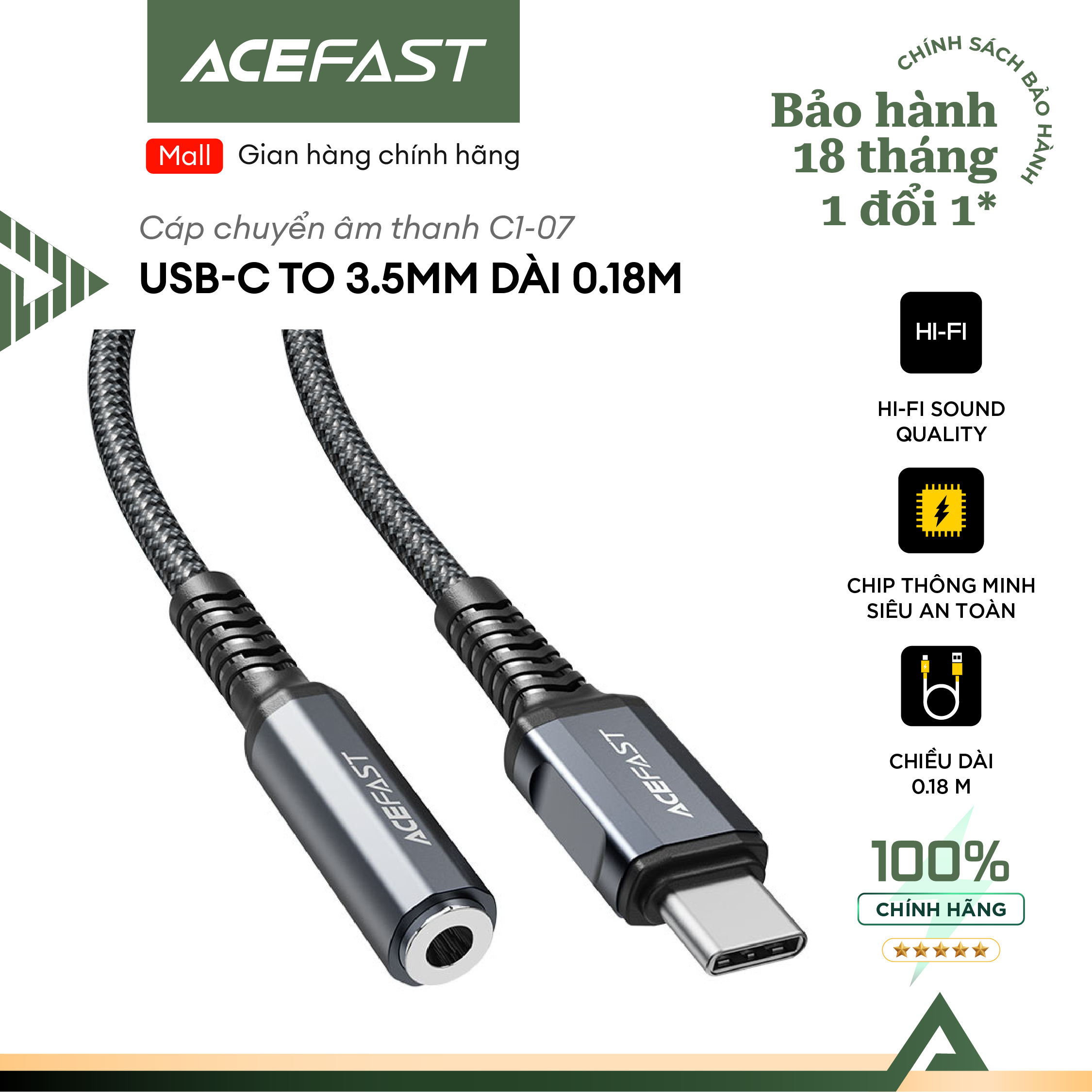 Cáp chuyển âm thanh acefast từ usb type c sang cổng 3.5mm dài 1.2m, hỗ trợ nhạc lossless - c1-08 hàng chính hãng