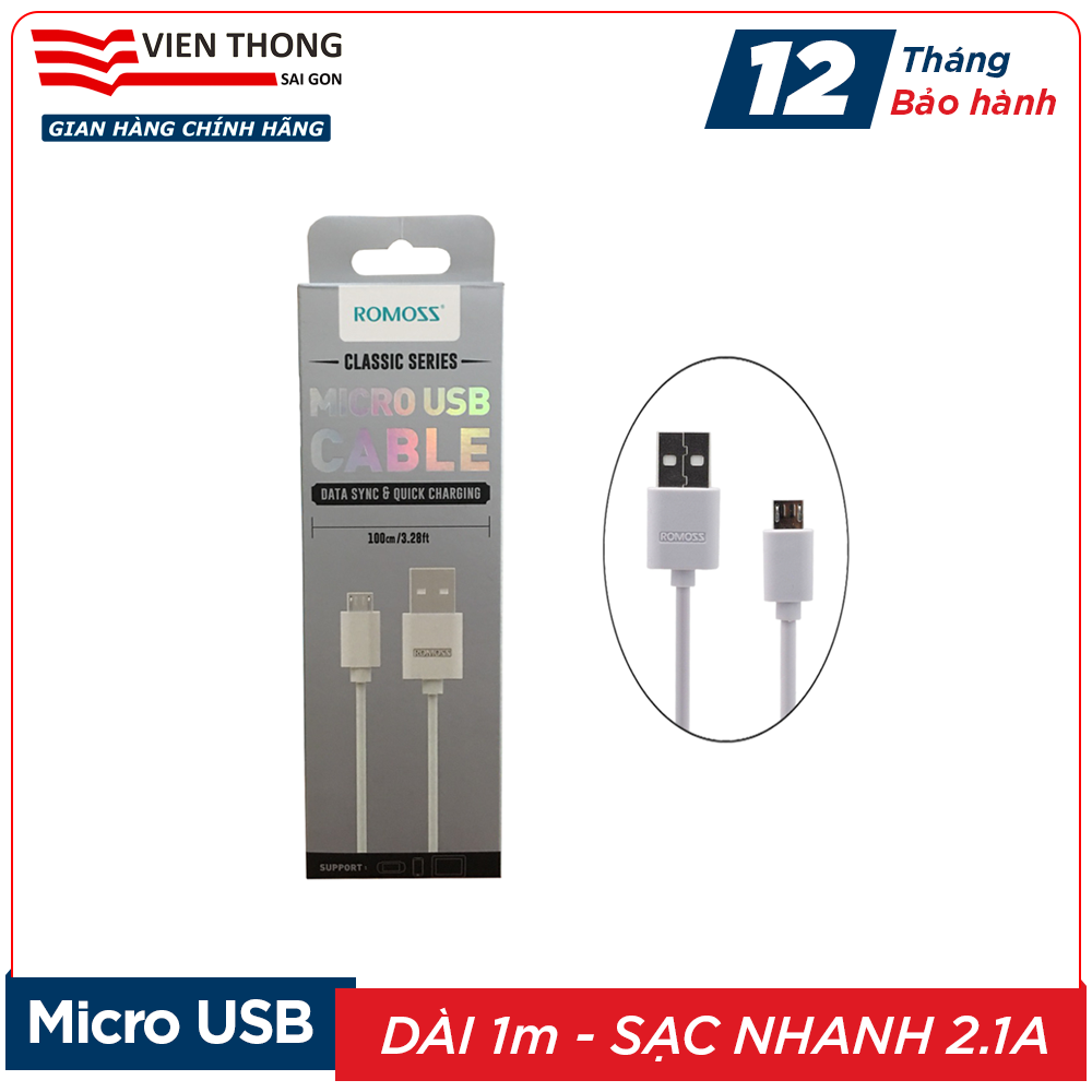 Cáp sạc micro USB Romoss CB05 sạc nhanh 2.1A bản tròn dài 1m - Hãng phân phối chính thức