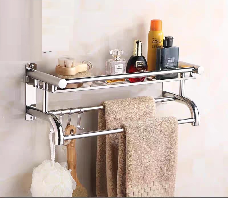 Giá INOX SUS304 treo khăn nhà tắm, Kệ để đồ phòng tắm lắp đặt dán tường chịu tải 10kg - LUINOX2T