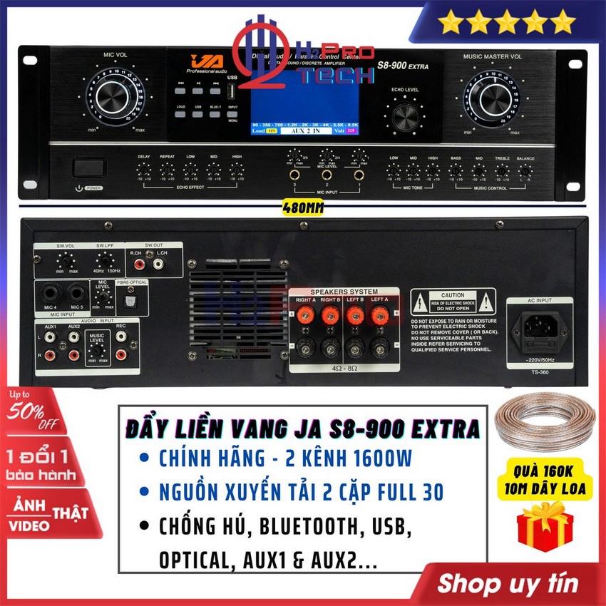 Cục Đẩy Liền Vang JA S8-900 Extra 2 Kênh 1600W-Nguồn Xuyến Tải 2 Cặp Full 30, Bluetooth, Usb, Optical, Aux1-2...Chống Hú Rít Tốt -H2Pro Tech