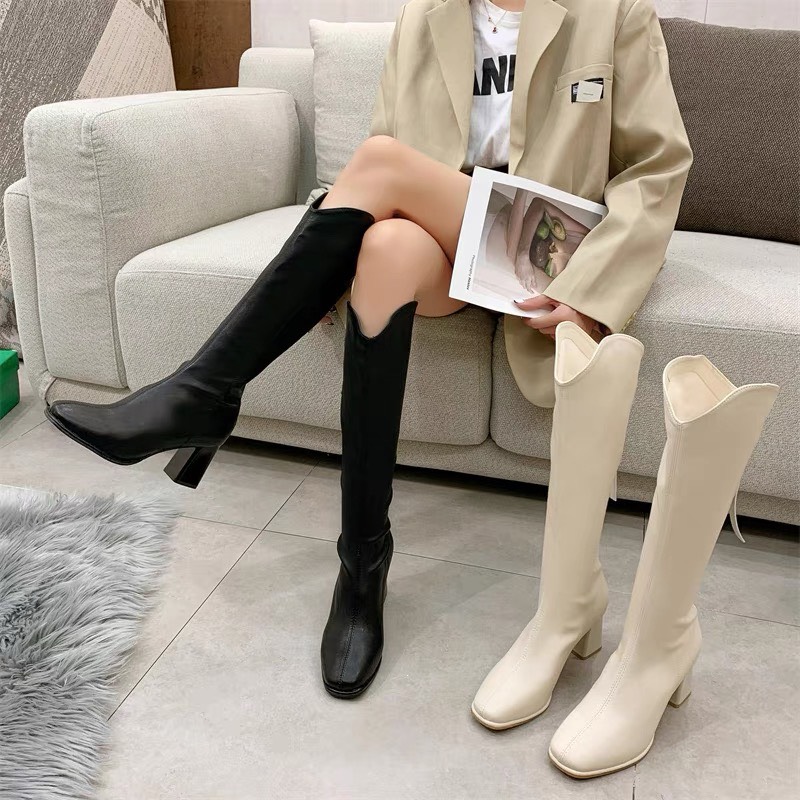 (Sẵn đủ sz 35-39 ) Boots đùi cổ V phong cách Hàn Quốc gót vuông nâng 7cm dành cho nữ, hàng quảng châu loại đẹp