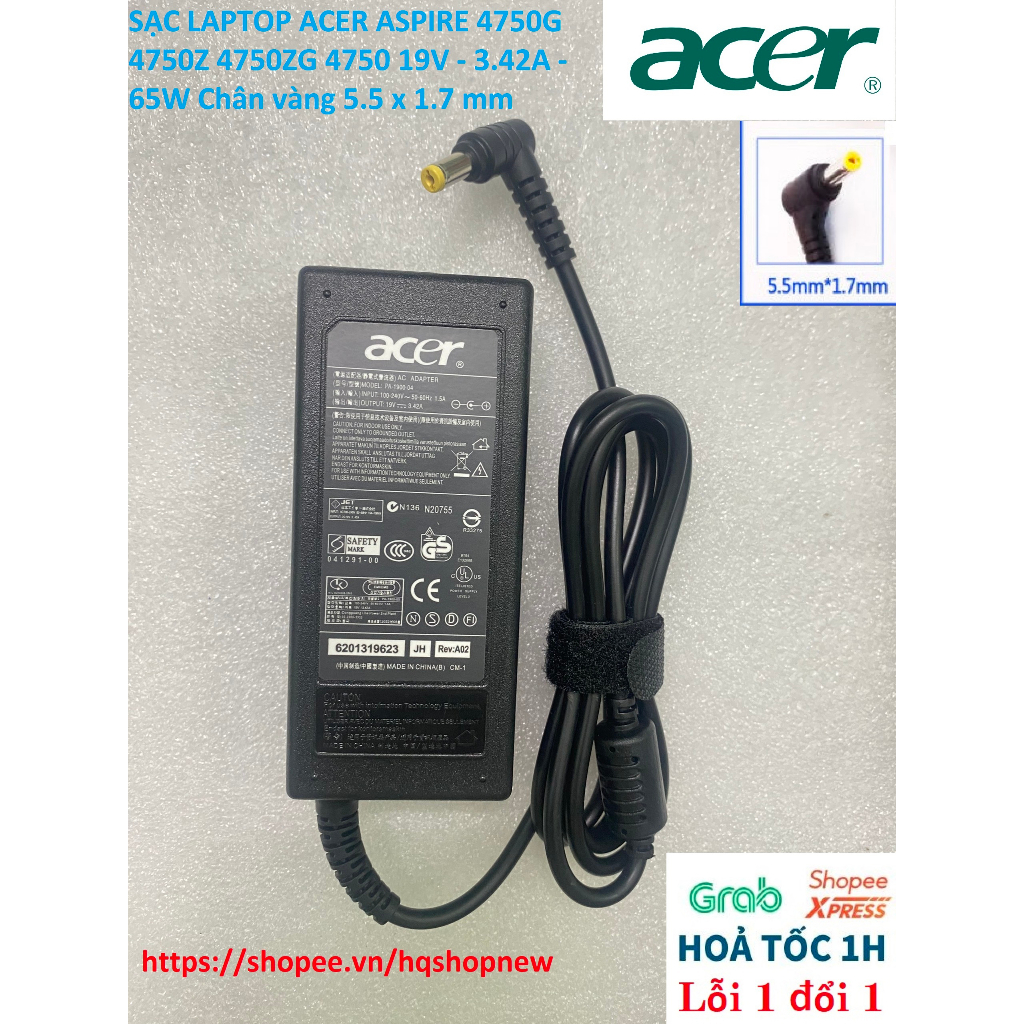 ️ SẠC LAPTOP ACER ASPIRE 4750G 4750Z 4750ZG 4750 19V - 3.42A - 65W Chân vàng 5.5 x 1.7 mm