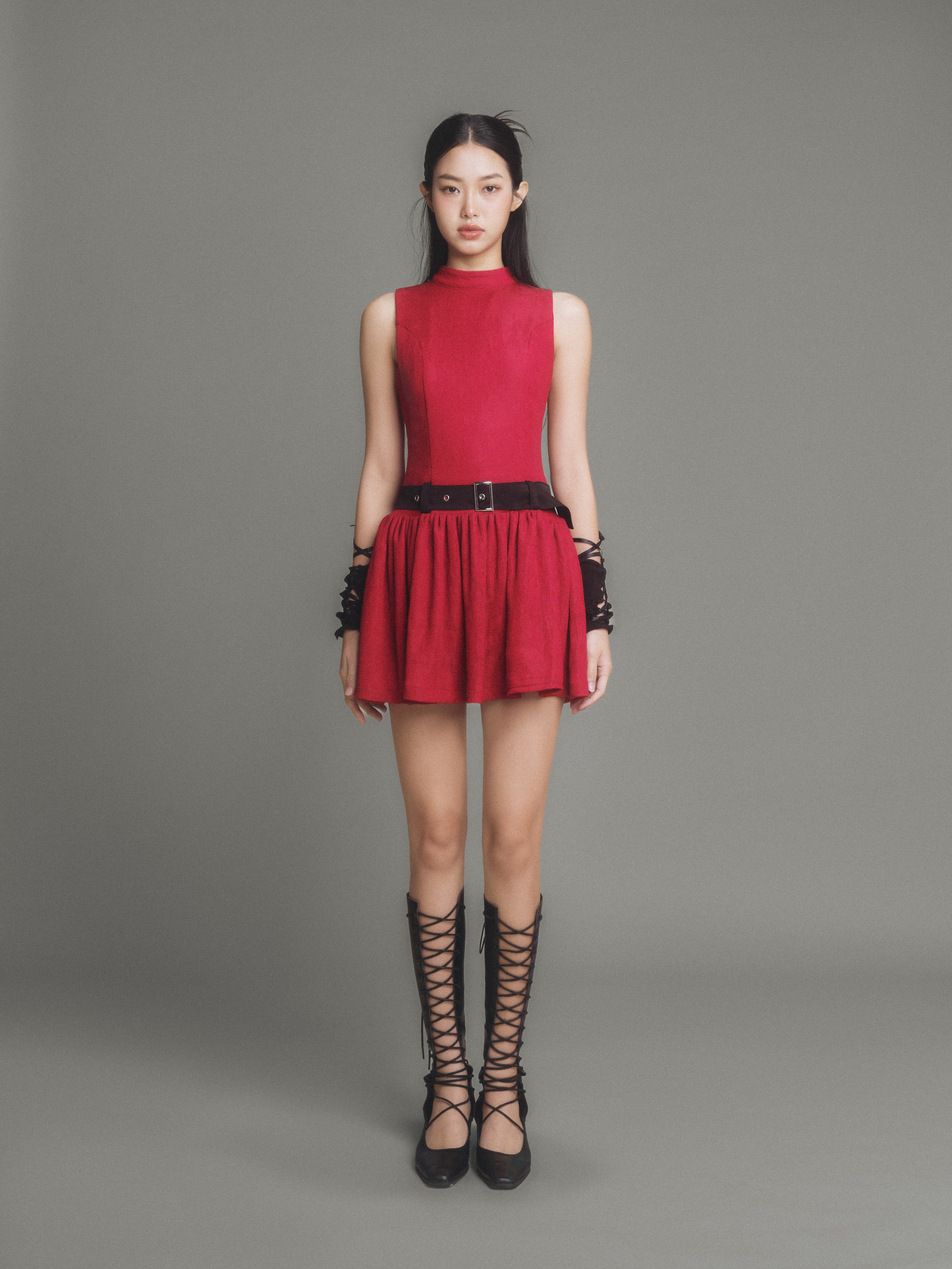 Đầm cổ trụ không tay nhún tùng váy kèm belt | jasmin dress - clélie