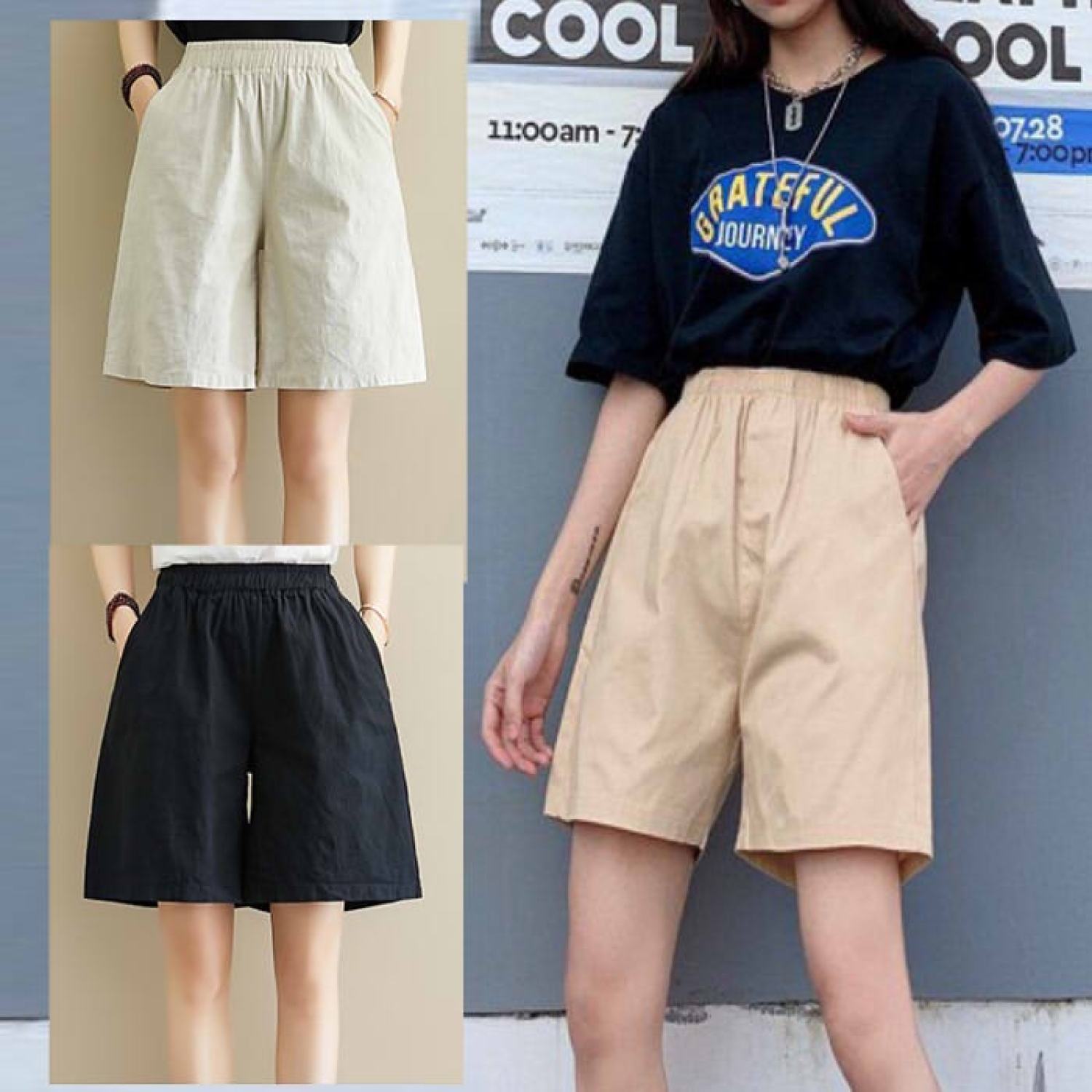 Quần Short Kaki Nữ Basic Unisex Q029 Quần đùi nữ Thun Kaki co dãn màu đen và be trơn ống rộng Ulzzang