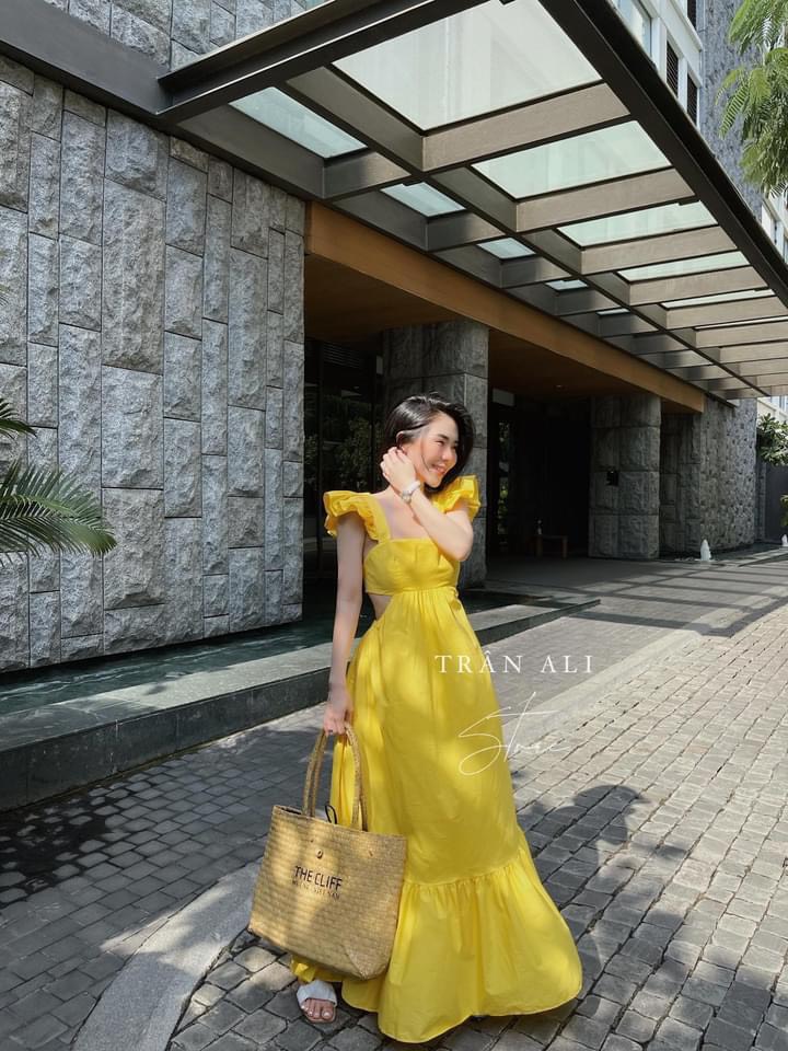 Váy maxi 2 dây dáng dài cúp ngực hở eo, đầm tay bèo dúm váy đuôi cá dây buộc lưng xinh xắn