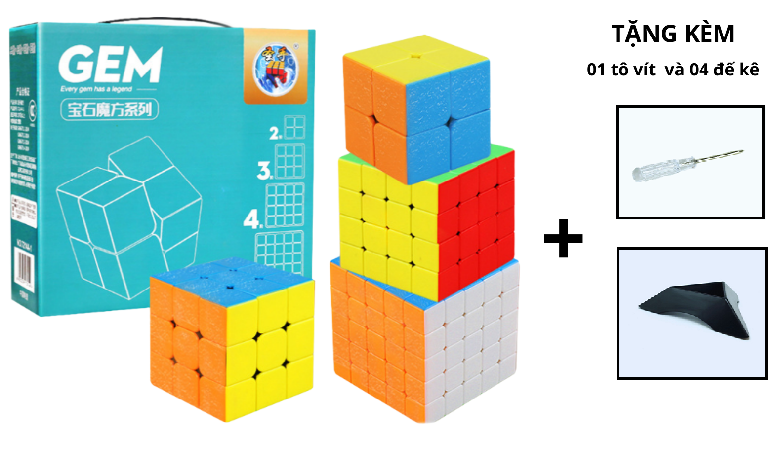 Combo 4 rubik stickerless 2x2 3x3 4x4 5x5 Gem Sengso cao cấp