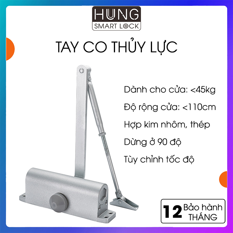 Tay co thủy lực, loại dừng giữ 90 độ, cùi chỏ tự động, tay đẩy hơi màu xám, bảo hành 12 tháng