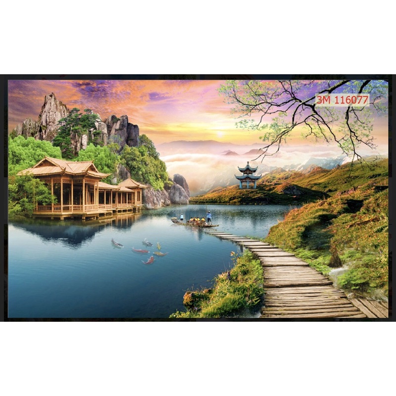 Tranh phong cảnh dòng sông thác nước dán tường 3d. tranh in vải lụa, kèm keo dán