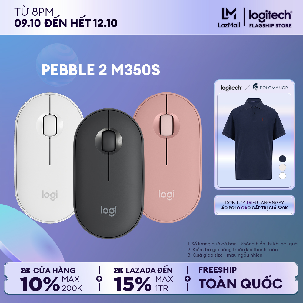 Chuột không dây Bluetooth Logitech M350s Pebble 2 Silent - Mỏng nhẹ, Nút tùy chỉnh, 4000DPI, Easy-Switch cho Windows, macOS, iPadOS, Android