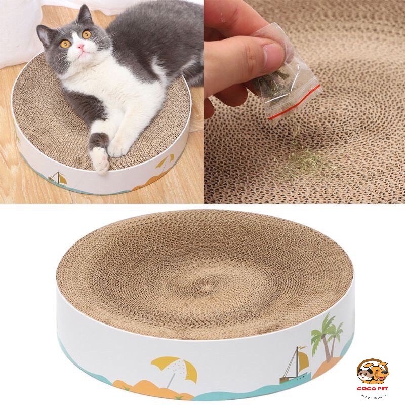 Bàn cào móng hình tròn kiêm ổ nằm cho mèo (tặng kèm catnip bạc hà) để các bé mèo cào móng, giảm stress, hạn chế phá đồ, cào hư đồ trong nhà, nằm ngủ
