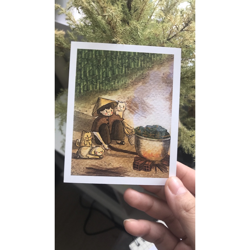 [Tranh họa sĩ] Postcard thiệp tô màu "Đón tết" của @convecho, giấy vẽ coldpress 300gsm
