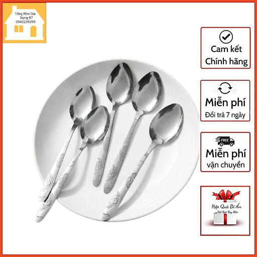 Sét 5 Thìa inox - muỗng súp inox cán dài 17cm trạm khắc hoa văn tinh tếsiêu thị thành luân cơ sở 268