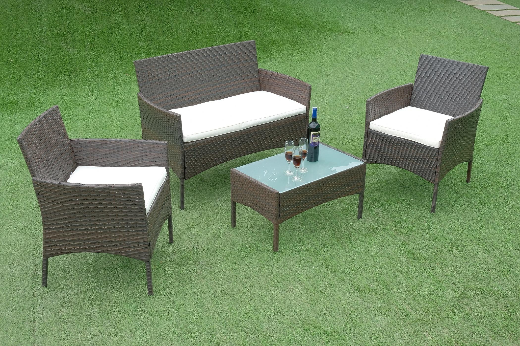 BỘ BÀN GHẾ SÂN VƯỜN XINH ĐẸP LÀM BẰNG SỢI NHỰA GIẢ MÂY KHUNG SẮT NỆM MÀU KEM NGOÀI TRỜI NỘI THẤT