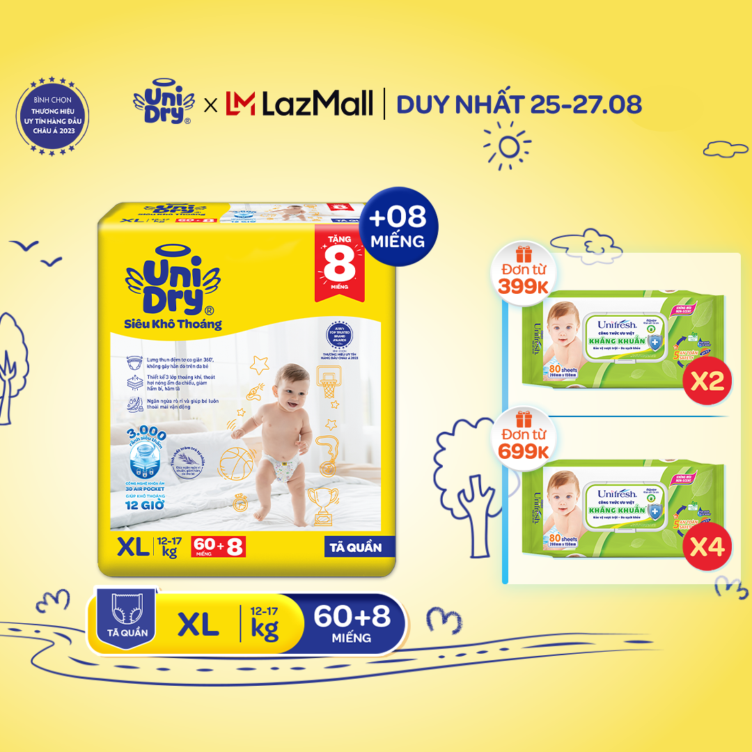 [HỎA TỐC] Tã quần UniDry Siêu khô thoáng gói Super Jumbo mới size M76/L68/XL60/XXL54 + 8 miếng
