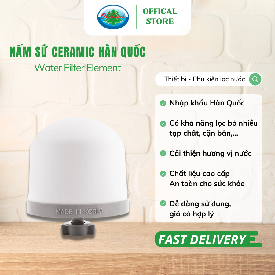 Nấm Sứ Ceramic Ohiama Water Filter Element Hàn Quốc Chính Hãng - Bộ Phụ Kiện Bình Lọc Nước Uống