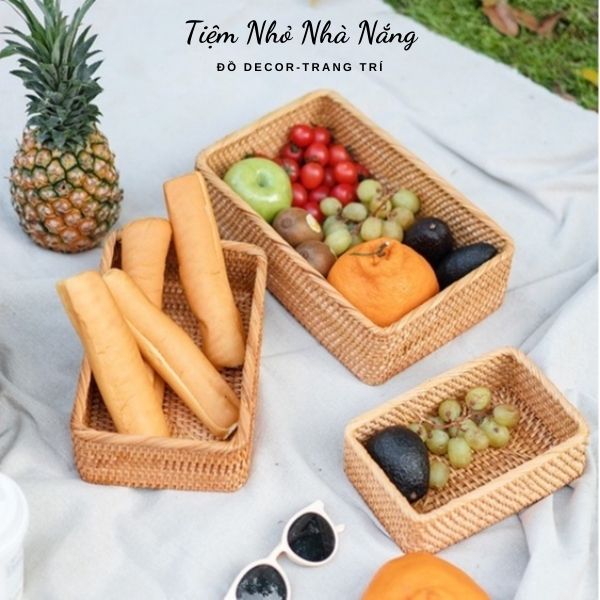 Giỏ mây tre đan thủ công để mỹ phẩm, hoa quả decor, combo 3 khay mây trang trí phòng khách, phòng bếp