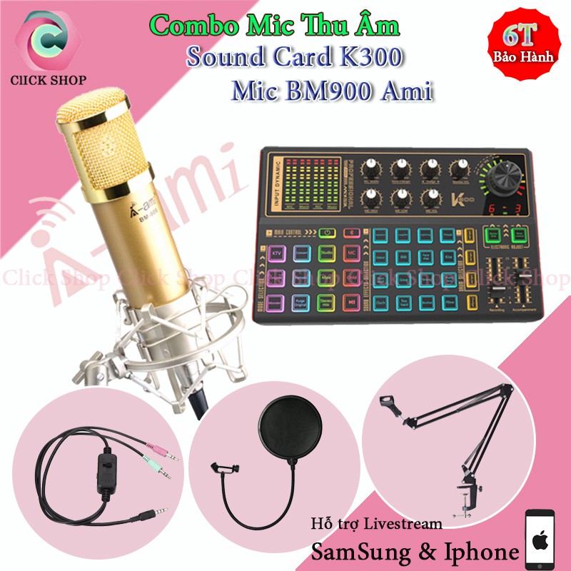 Mic thu âm BM900 Ami Sound Card K300 Có Bluetooth Chân Màng Dây Livestream MA2- Bộ mic livestream đầy đủ