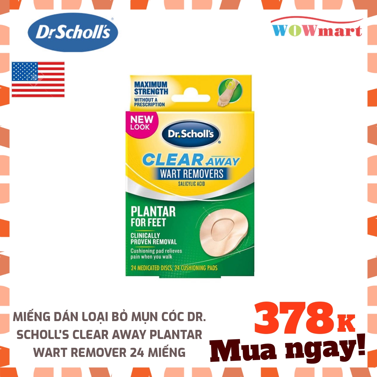 Miếng dán loại bỏ mụn cóc Dr. Scholl’s Clear Away Plantar Wart Remover 24 miếng - [MỸ]