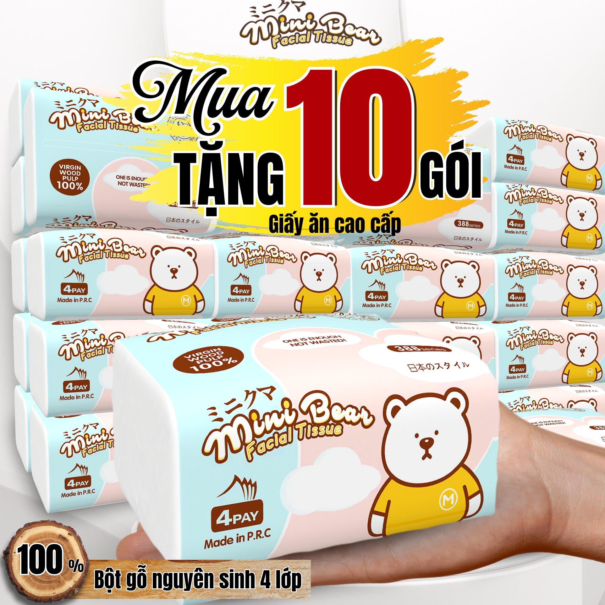 Khăn giấy minibear thêm dày giấy ăn 10 gói 100% bột gỗ nguyên sinh