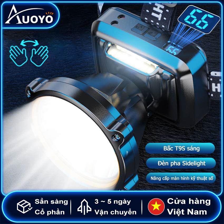 Auoyo Đèn pha Đèn pha LED Màn hình kỹ thuật số Đèn pha siêu sáng Đèn pha Đèn pin Chiếu sáng 1000M Đèn pha cảm biến thông minh Đèn pha cảm biến thông minh để chạy câu cá Phiêu lưu hoang dã