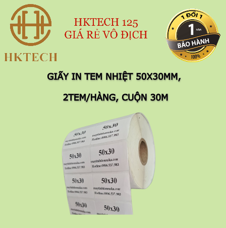 Giấy In Mã Vạch 2 Tem/hàng khổ 50x30 mm, Tem In Nhiệt 5x3cm 2tem/hàng (Cuộn 30 Mét)