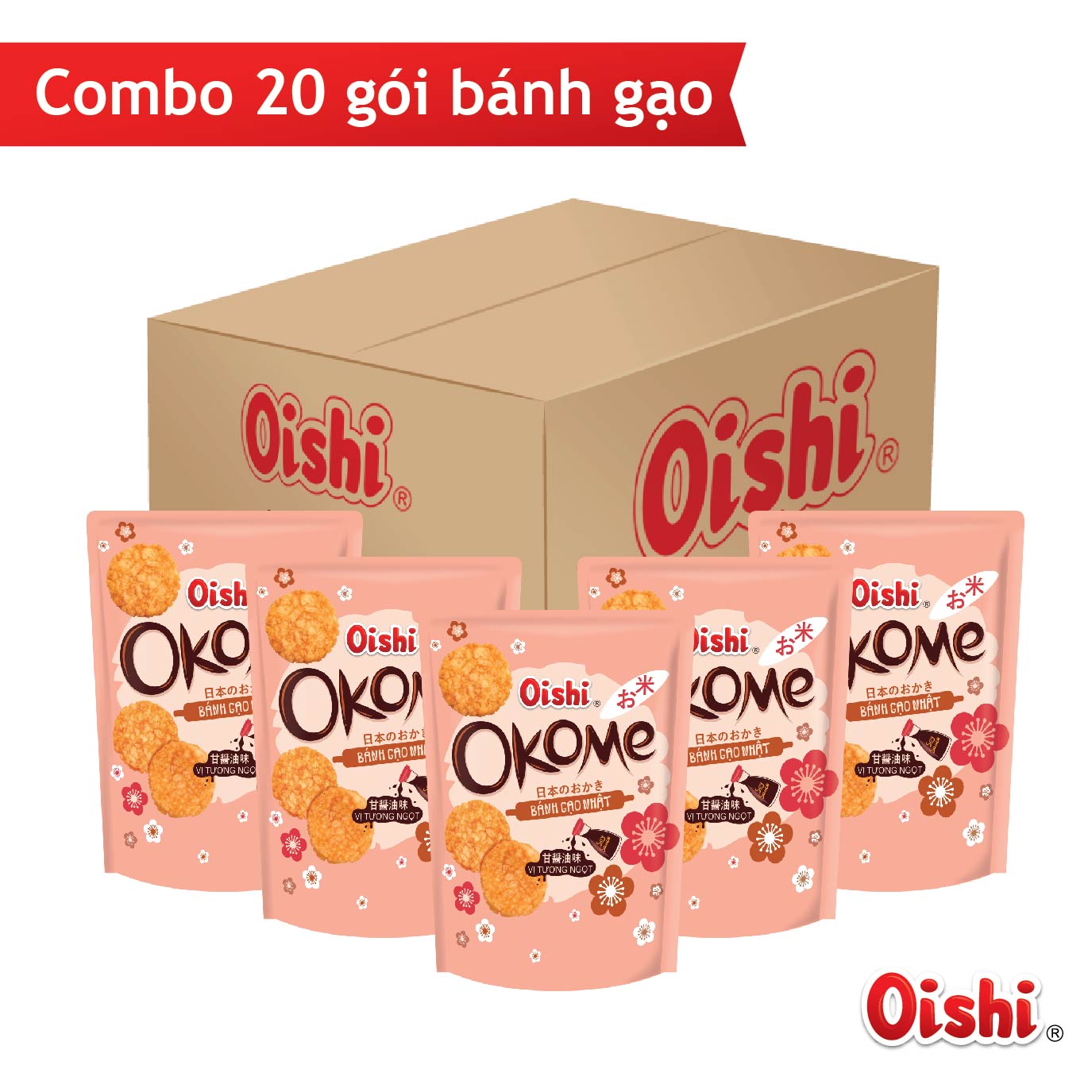 Combo 20 gói Oishi Bánh Gạo Nhật Vị Tương Ngọt Okome (100g/gói)