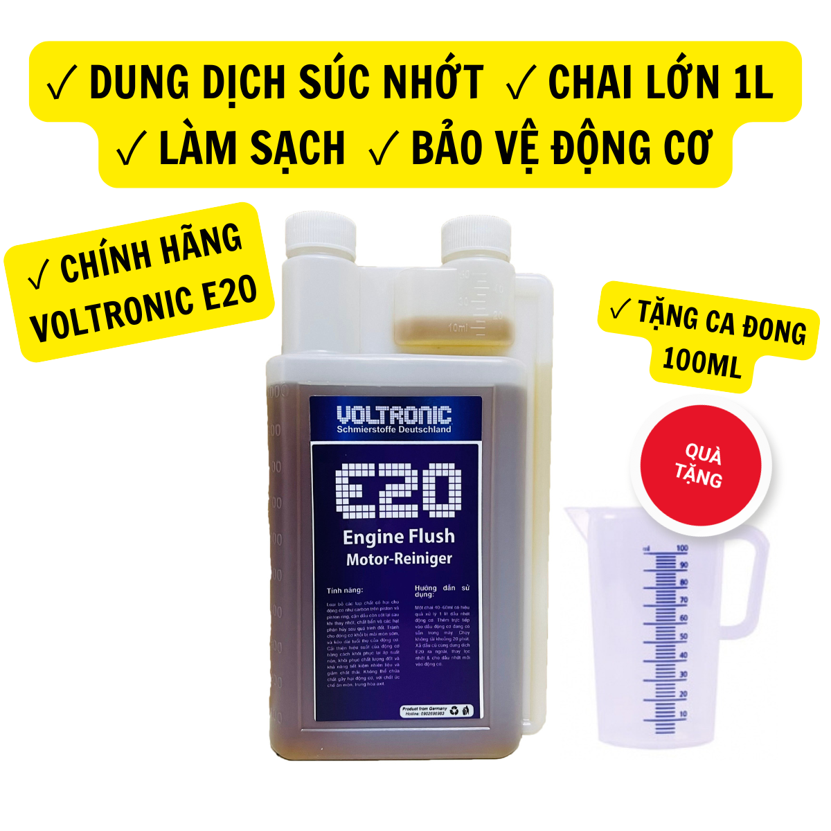 (TẶNG CA ĐONG) Dung dịch SÚC RỬA ĐỘNG CƠ VOLTRONIC E20 ENGINE FLUSH 1L, Súc Nhớt Động Cơ Xe Máy Xe