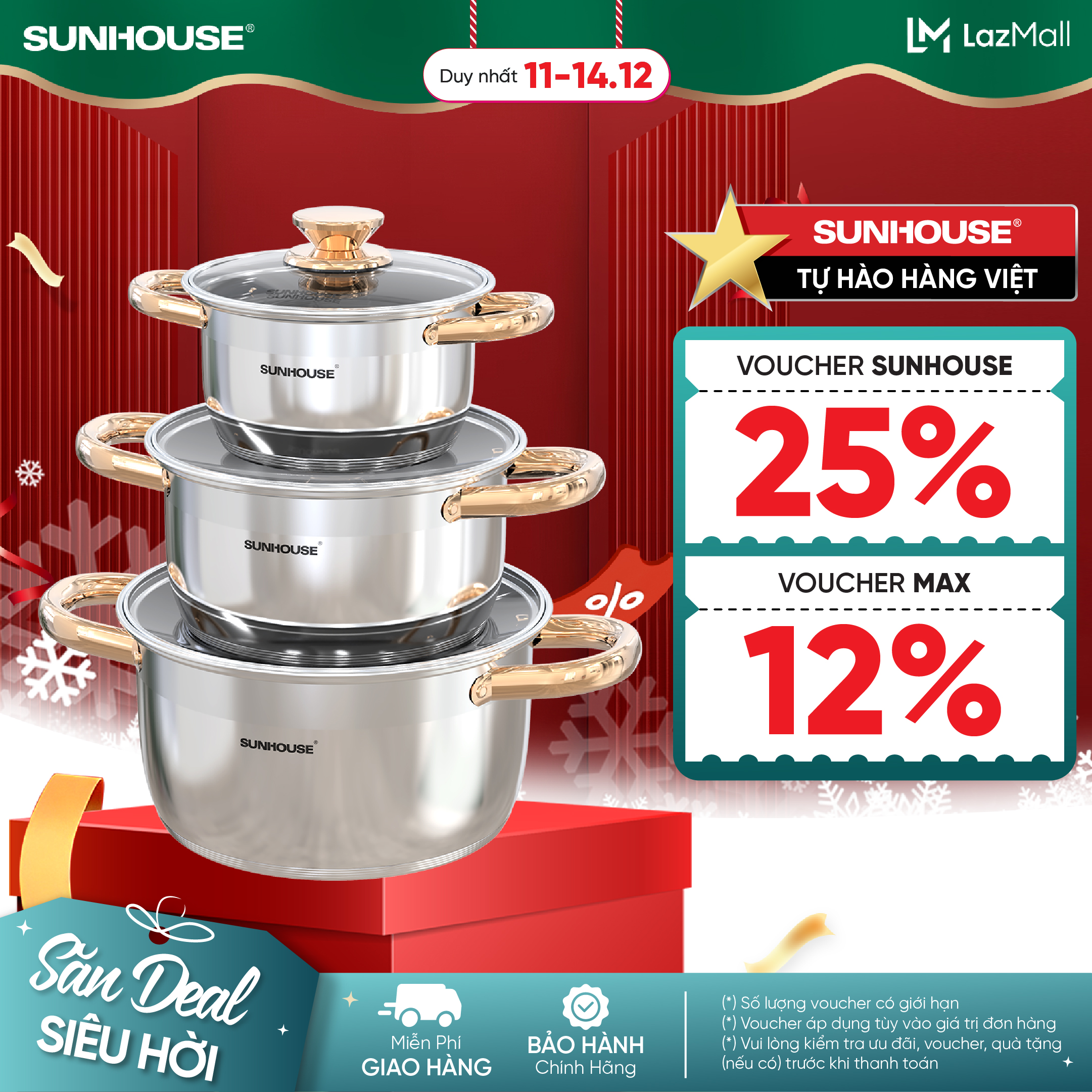 Bộ nồi inox 5 đáy SUNHOUSE SH781 - 16 20 24 cm tỏa nhiệt đều - Chất liệu inox an toàn - Phù hợp với mọi loại bếp - Hàng chính hãng